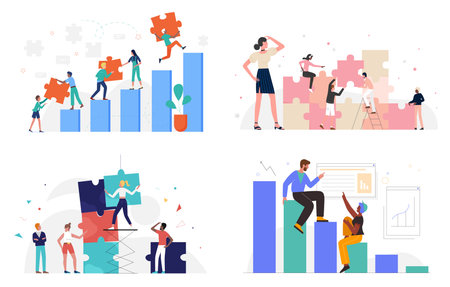 Business people build success collaboration, partnership concept set vector illustration. Cartoon teamwork organization of partners, employee characters holding puzzle jigsaw to work isolated on whiteのイラスト素材