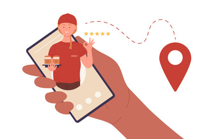 Coffee fast delivery vector illustration. Cartoon hand holding mobile phone, using smartphone app to...