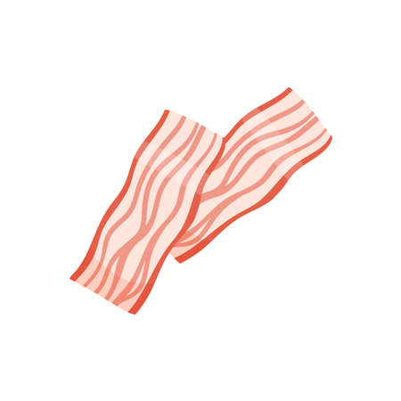 Bacon slices meat product, butchery food production vector illustration. Cartoon bacon sliced with knife for cooking, butcher shop menu isolated on whiteのイラスト素材