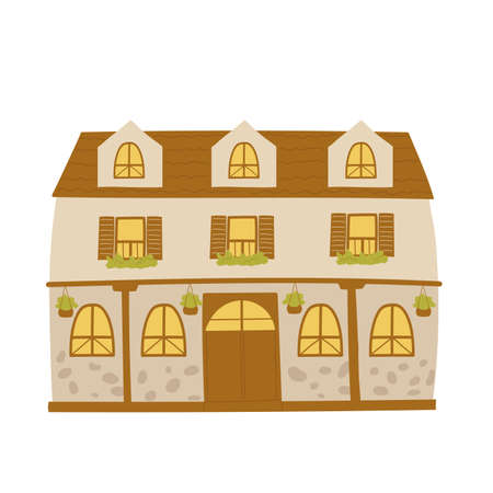 Cute brown house, home in village or town vector illustration. Cartoon summer townhouse architecture, funny house building cottage with roof door windows isolated on whiteのイラスト素材