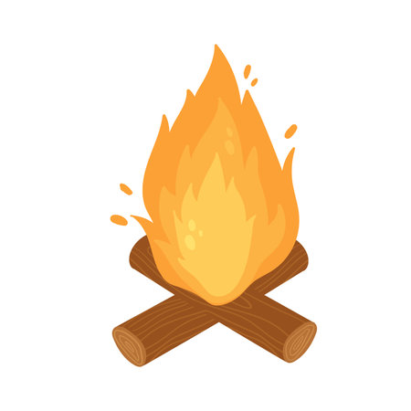 Campfire in travel camp, tourism and outdoor summer adventure vector illustration. Cartoon bonfire for cooking food with red flame and wood in campsite isolated on whiteのイラスト素材