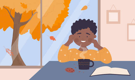 Happy boy drinking hot tea or chocolate, child eating cookies and reading book vector illustration. Cartoon kid character sitting at table by window with autumn tree, studying at home backgroundのイラスト素材