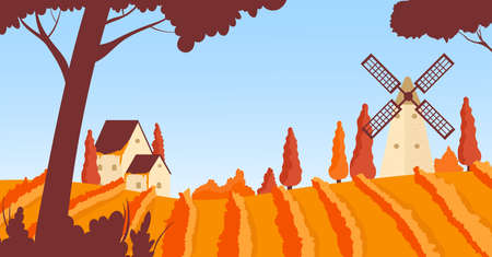 Vineyard rural autumn landscape with farm house, mill vector illustration. Cartoon scenic orange agriculture hills, windmill and countryside farmhouse building, travel to Europe in autumn backgroundのイラスト素材