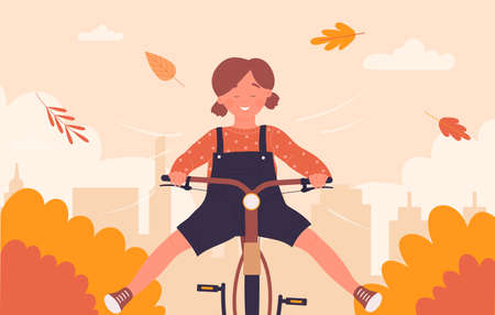 Cute girl cyclist riding bike fast on city street road with fun, autumn landscape, falling orange leaves vector illustration. Cartoon child character on bicycle, kid cycling in fall scenery backgroundのイラスト素材