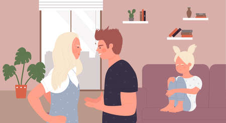 Child, divorce conflict of angry parents vector illustration. Cartoon husband and wife characters quarrel and fight, unhappy sad kid girl crying, domestic abuse, family violence at home backgroundのイラスト素材