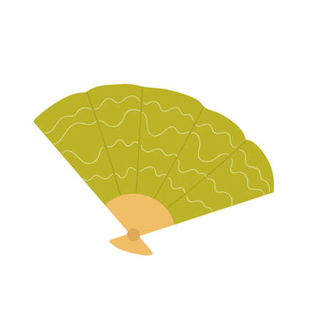 Summer fan, tropical beach object vector illustration. Cartoon paper hand traditional green fan, decorative summertime souvenir element isolated on whiteのイラスト素材
