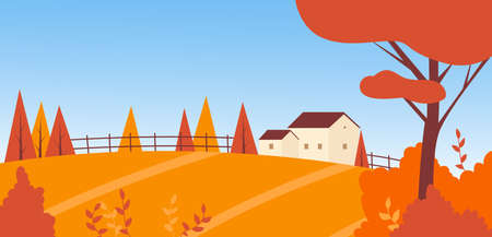 Autumn farm field, house with barn, garden and fence in village countryside landscape vector illustration. Cartoon orange red trees on agriculture land, farmhouse cottage in autumn season backgroundのイラスト素材