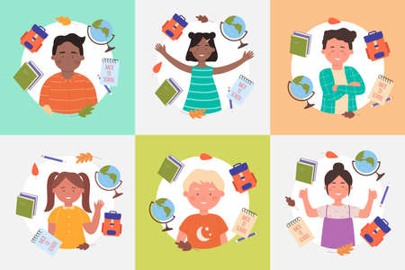 Children back to school set, elementary education vector illustration. Cartoon happy girl boy child characters, schoolboy and schoolgirl with schoolbag, books, globe and pencil school clipart objectsのイラスト素材