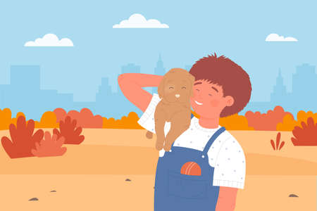 Boy holding dog pet in orange autumn city park landscape vector illustration. Cartoon happy smiling child character hugging cute puppy, cheerful little kid and doggy have fun time and walk backgroundのイラスト素材