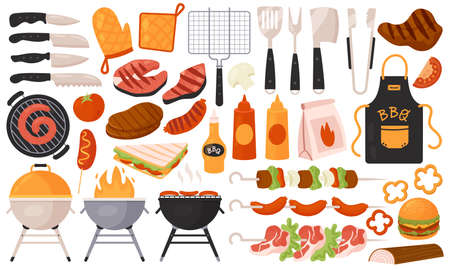 Bbq grill food, barbecue meat menu set vector illustration. Cartoon picnic summer party barbeque collection, roast beef or pork on fire, sausage burger and sauces, kitchen tools isolated on whiteのイラスト素材