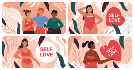 Body positive woman vector illustration set. Cartoon female characters of different height and size wearing underwear swimsuits, girls standing near self love text inside heart or circle backgroundのイラスト素材