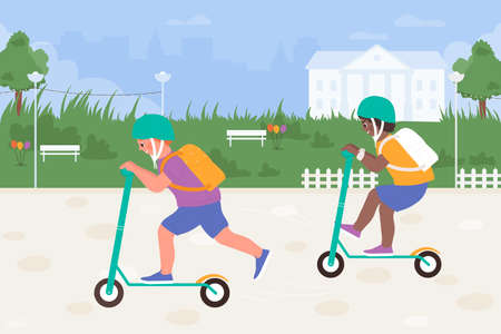 Kids play scooters in city park, sport outdoor activity vector illustration. Cartoon boy friend child characters playing kick scooter, children in safety helmets, friendship and childhood backgroundのイラスト素材