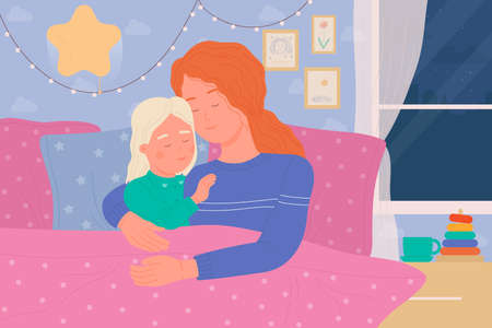 Mother and child sleep in bed of home bedroom vector illustration. Cartoon woman parent character embracing baby girl at night, lying with pillow and blanket. Parenthood and happy family time conceptのイラスト素材