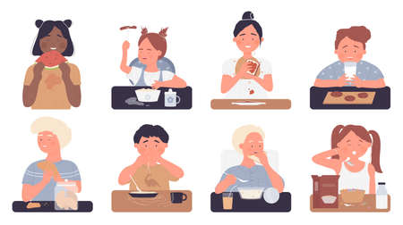 Kids eat food isolated vector illustration set. Cartoon children sitting at home kitchen table, child boy and girl eating with fork or spoon delicious food for breakfast, dinner or lunch backgroundのイラスト素材