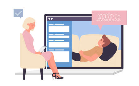 Online therapy of doctor psychologist vector illustration. Cartoon sad man with depression receiving help and support advice on video consultation. Psychology, psychotherapy, mental health conceptのイラスト素材