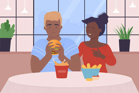 Couple people eat fast food in cafe vector illustration. Cartoon hungry teen male and female characters eating chicken nuggets, burger, enjoying fastfood meal together in cafeteria interior backgroundのイラスト素材