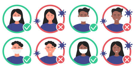 Coronavirus medical protection infographic vector illustration set. Cartoon round avatars icons with man woman characters wearing mask to protect health, against attack of corona virus cells in airのイラスト素材