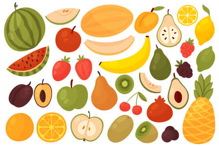 Berries and fruits set vector illustration. Cartoon half or whole berry and fresh fruit collection with orange watermelon apple plum strawberry kiwi pear banana avocado pineapple isolated on whiteのイラスト素材