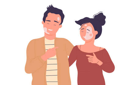 People with vitiligo vector illustration. Cartoon portraits of positive man woman characters standing together. Body positive, self love and depigmentation disease, world vitiligo day conceptのイラスト素材