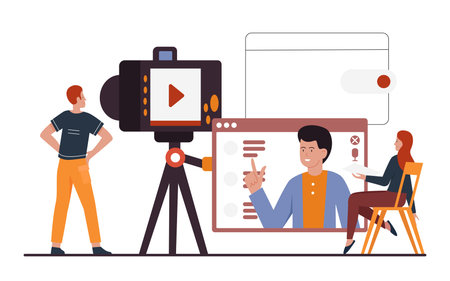 Video bloggers teamwork for recording video for channel in social media vector illustration. Cartoon...