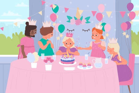 Cute girls on birthday party celebration vector illustration. Cartoon friend characters in beautiful princess dresses celebrate, excited birthday girl sitting at table with cake and cupcakes, dessertsのイラスト素材