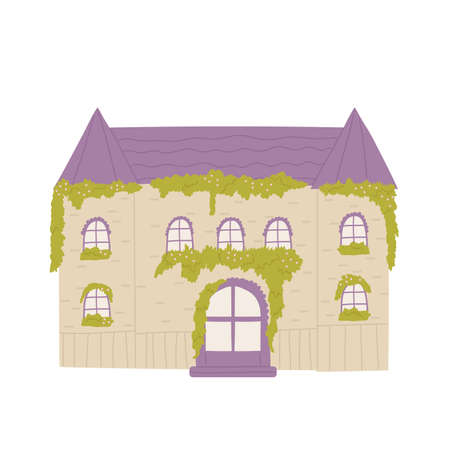 Cute house, home in village, city or town vector illustration. Cartoon summer facade of funny house cottage, front view of residential building isolated on whiteのイラスト素材