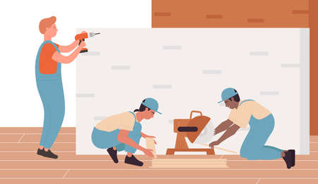 House repair building work vector illustration. Cartoon professional worker holding, laying floor parquet tile, working with miter saw and drill, handyman characters with construction tools backgroundのイラスト素材