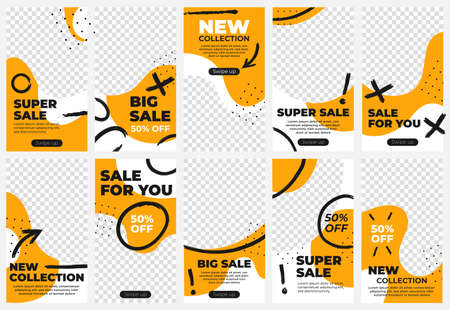 Big sale banner design template set vector illustration. Curved frame for social media story, orange fluid waves and black marker lines in creative modern mockup for fashion stories, coupon, posterのイラスト素材