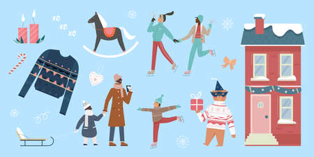 Merry Christmas or New Year celebration, winter holidays set vector illustration. Cartoon couple characters skating and sledding, celebrate on skates, people with sparklers isolated on blue backgroundのイラスト素材