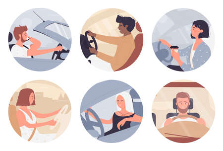 Driver people holding steering wheel of car and driving, round avatar set vector illustration. Cartoon young man woman characters inside car, side and front view through windshield isolated on whiteのイラスト素材
