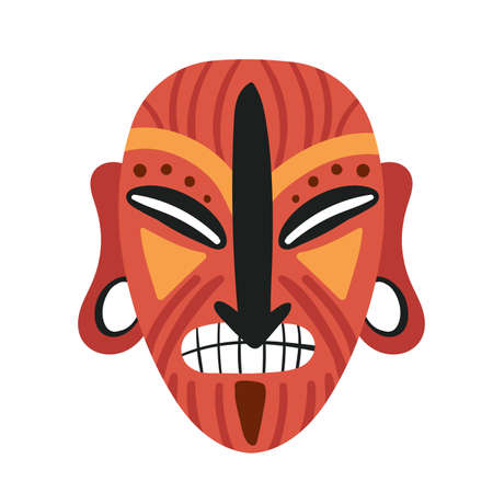 Tribal mask idol, aborigine tribe ethnic culture vector illustration. Cartoon aztec mask on head, ancient face masque for traditional native ceremony isolated on whiteのイラスト素材
