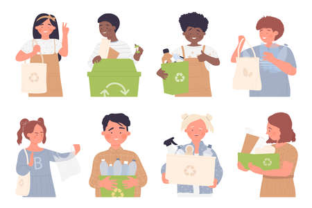 Kids sorting waste garbage isolated, environmental protection vector illustration set. Cartoon girl and boy child care and protect planet ecology, zero waste, eco friendly responsibility of childrenのイラスト素材