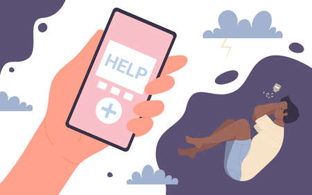 Online psychologist help vector illustration. Cartoon hand holding mobile phone with hotline app on screen, male character lying in need of counseling and therapy. Mental health, crisis conceptのイラスト素材