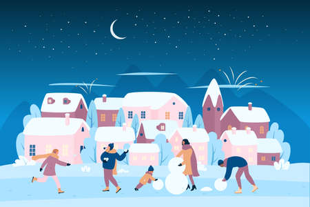 Happy family making snowman at Christmas evening and night vector illustration. Cartoon people playing snowballs on city street with houses and trees under snow, winter fun activity outdoor backgroundのイラスト素材