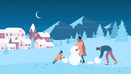 Family people play fun game and make snowman at Christmas night landscape vector illustration. Cartoon kid and parent enjoy cold wonderland of mountain village resort, xmas vacation backgroundのイラスト素材