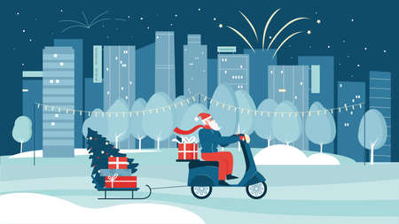 Santa Claus riding motor scooter for gift delivery in winter city, Christmas greeting card vector illustration. Cartoon hipster with beard delivering Christmas tree and boxes on motorbike backgroundのイラスト素材