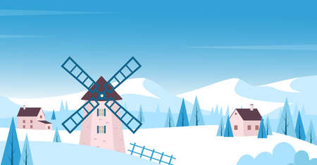 Winter countryside morning snowy landscape in Europe vector illustration. Cartoon mill, forest and village farm houses on hills covered with white snow, cute Christmas scenery, Xmas greeting cardのイラスト素材