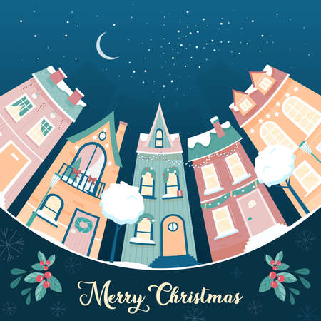 Winter Christmas city in cute Xmas holiday greeting card vector illustration. Cartoon round skyline scene, snowy night in cozy town, downtown with snow on roofs of houses, trees on street backgroundのイラスト素材