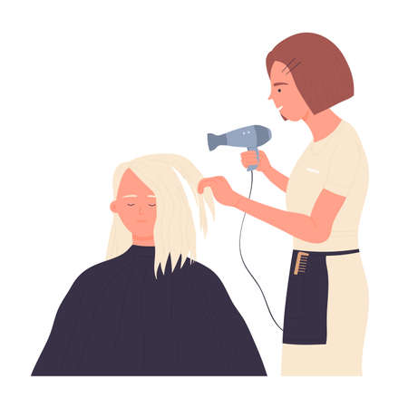 Hairdresser drying and stylish grooming client hair. Beauty parlor with hairdressing procedures flat vector illustrationのイラスト素材