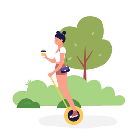 Girl on two wheel self balancing smart scooter. Last generation personal transportation hoverboard flat vector illustrationのイラスト素材