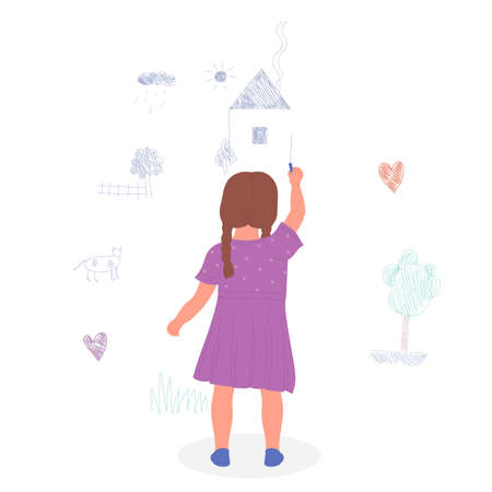 Cute girl toddler painting a house on room wall. Developing and creative children activityのイラスト素材