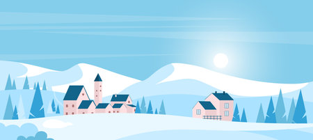 Winter Christmas countryside landscape with mountains and hills covered with snow vector illustration. Cartoon sunny nature scenery with houses of European village, forest and trees in simple designのイラスト素材