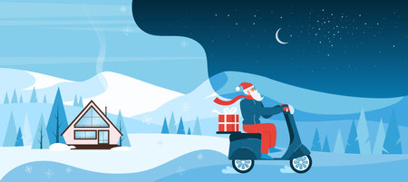 Delivery of Christmas gifts vector illustration. Cartoon funny Santa Claus with eyeglasses and red hat riding motor scooter with box in winter landscape. Xmas holiday greeting card design backgroundのイラスト素材