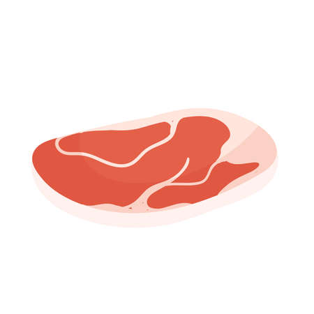 Piece of steak, meat product, butchery food production vector illustration. Cartoon uncooked raw meat slice for butcher shop assortment, steakhouse isolated on whiteのイラスト素材