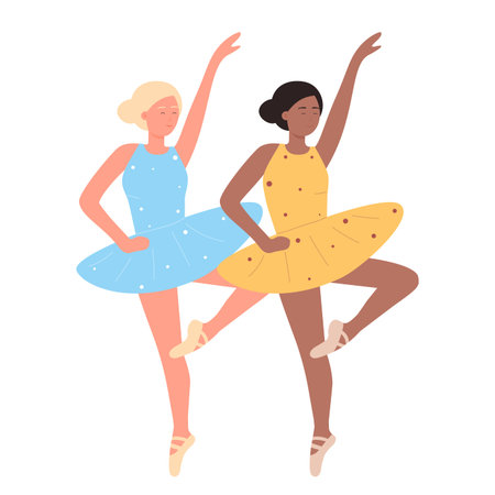Ballet female students of artistic classical dance. Ballerina doing graceful performing movements flat vector illustrationのイラスト素材