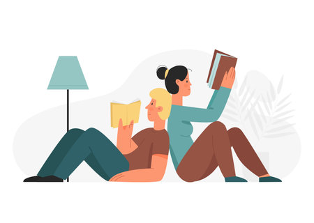 Couple lying and reading book at cozy home. Spending together common leisure relationship time flat vector illustrationのイラスト素材