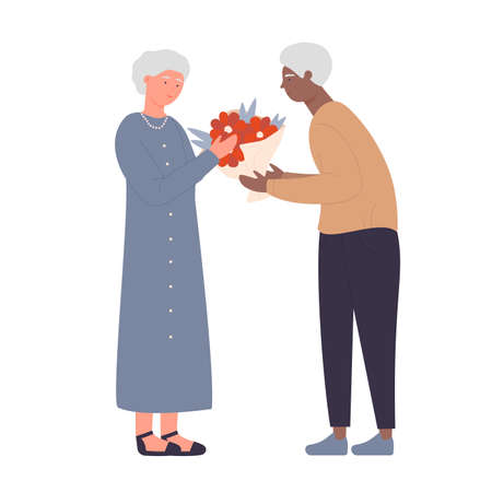 Senior man giving flower bouquet to his beloved woman. Happy and lovely elderly couple moment cartoon vector illustrationのイラスト素材