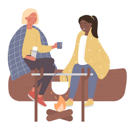 Friends enjoying tea around camping fireplace. Outdoor group recreational forest activity cartoon vector illustrationのイラスト素材