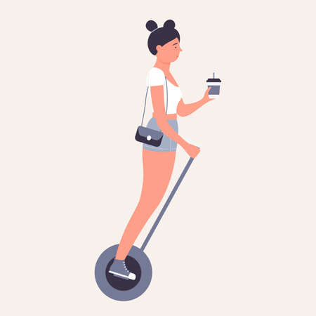 Girl drinking coffee on single wheel self balancing electric scooter. Personal eco friendly transportation cartoon vector illustrationのイラスト素材