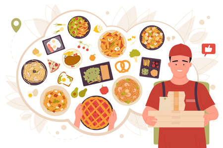 Food delivery express service vector illustration. Cartoon deliveryman holding cardboard boxes and containers, guy courier in uniform and cap delivering packages with lunch order from restaurantのイラスト素材